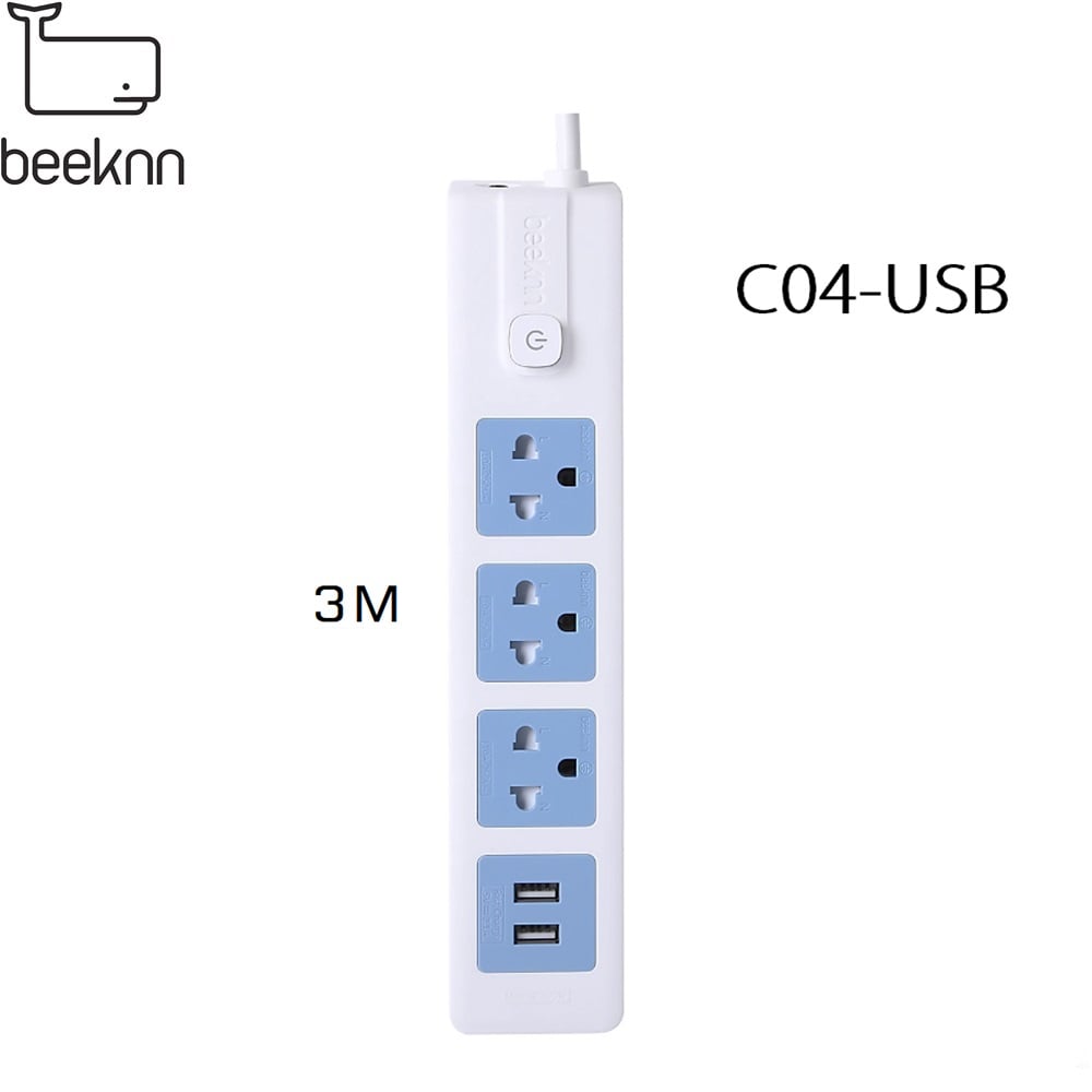 SKI - สกี จำหน่ายสินค้าหลากหลาย และคุณภาพดี | BEEKNN C04-USB ปลั๊กไฟ 3ช่อง 2USB 2.1A 1สวิทช์ สายไฟยาว 3 เมตร
